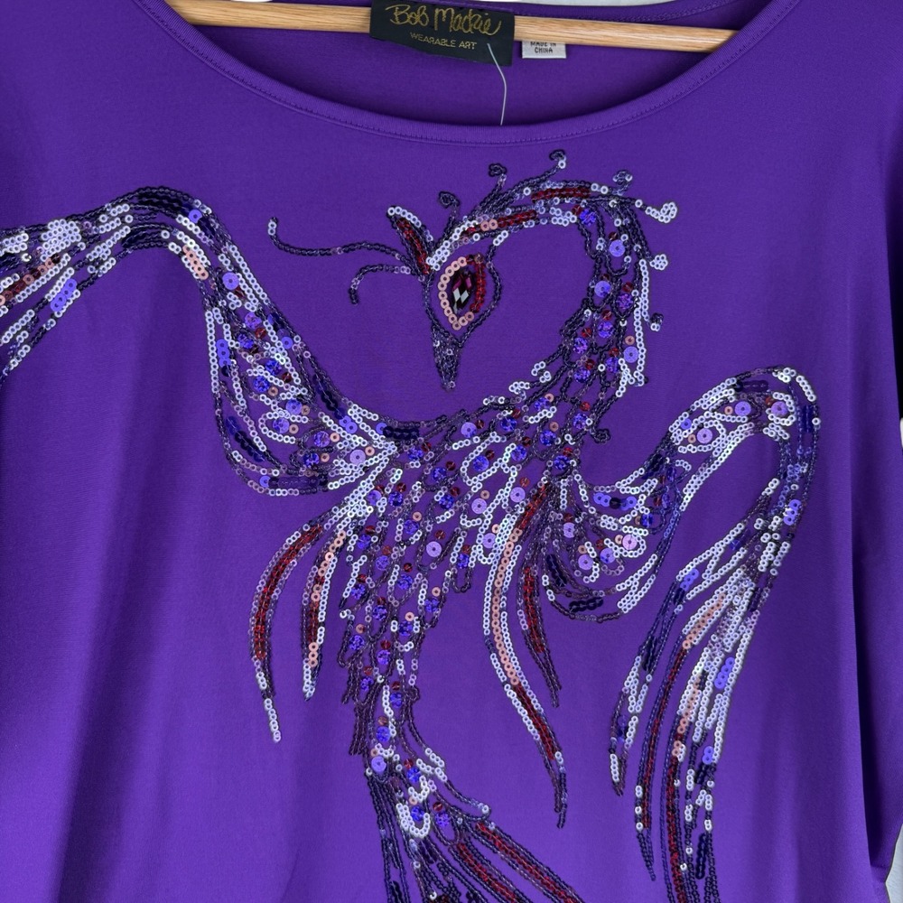 Bob Mackie Sequin Peacock Bird Top Womens Size Medium Purple Wearable Art NEW - Picture 7 of 8